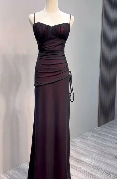 Black and red strappy simple long dress, black and red backless and floor length evening dress