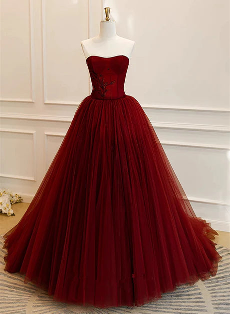 Wine Red ScoopWine Red Scoop Sweetheart Tulle Off the Shoulder Ball Dress, Wine Red Tulle Embroidered Evening Dress