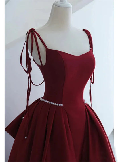 Wine red satin A-line/princess shoulder strap long party dress, wine red sleeveless backless bow pearl belt and floor/long evening dress