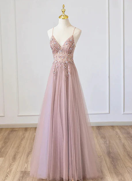 Sweetheart Pink V-neck Beaded Shoulder Strap Floor Party Dress, Pink Long sheer Evening Dress