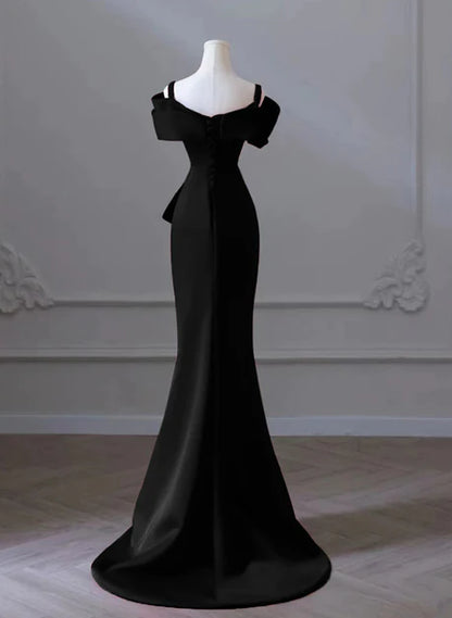 Simple black satin sweetheart shoulder strap off shoulder long formal dress, black mermaid off back and floor long evening dress