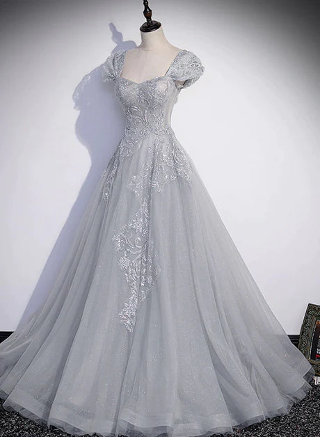 Elegant grey beaded sequin A-line sheer short sleeved long dress, grey sheer lace and floor to ceiling evening dress