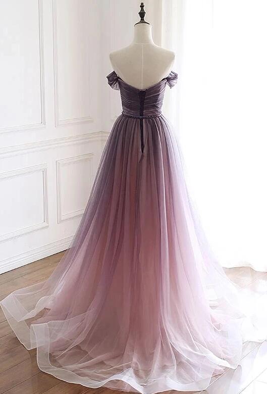 Elegant gradient purple shoulder transparent short sleeved beaded belt ball dress gradient purple deep V-neck backless everning dress