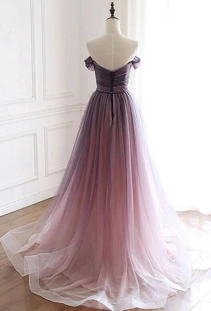 Elegant gradient purple shoulder transparent short sleeved beaded belt ball dress gradient purple deep V-neck backless everning dress