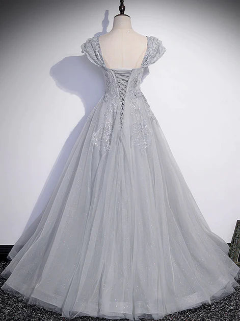 Elegant grey beaded sequin A-line sheer short sleeved long dress, grey sheer lace and floor to ceiling evening dress