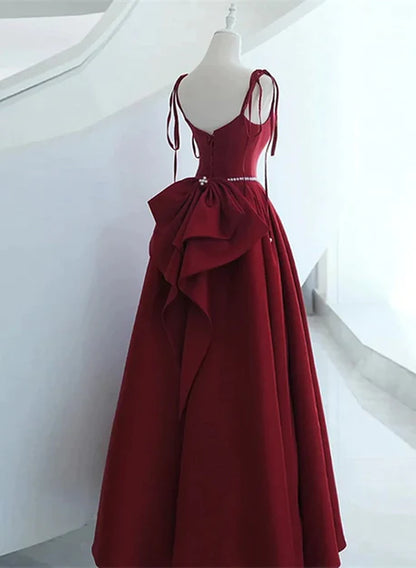 Wine red satin A-line/princess shoulder strap long party dress, wine red sleeveless backless bow pearl belt and floor/long evening dress