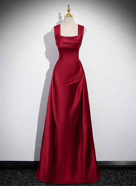 Wine red shoulder strap satin spoon and floor dance dress, wine red A-shaped square neckline long evening dress