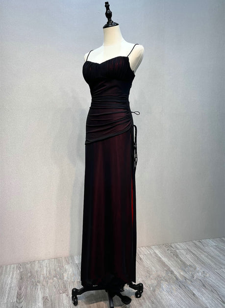 Black and red strappy simple long dress, black and red backless and floor length evening dress