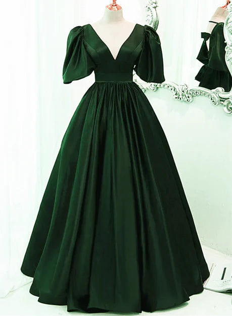 Retro/Original Green Satin Short Sleeve Long Party Dress, Green Princess V-neck Short Sleeve and Floor Evening Dress