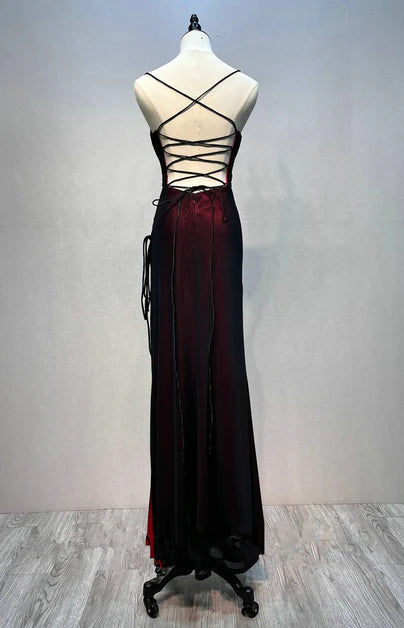 Black and red strappy simple long dress, black and red backless and floor length evening dress