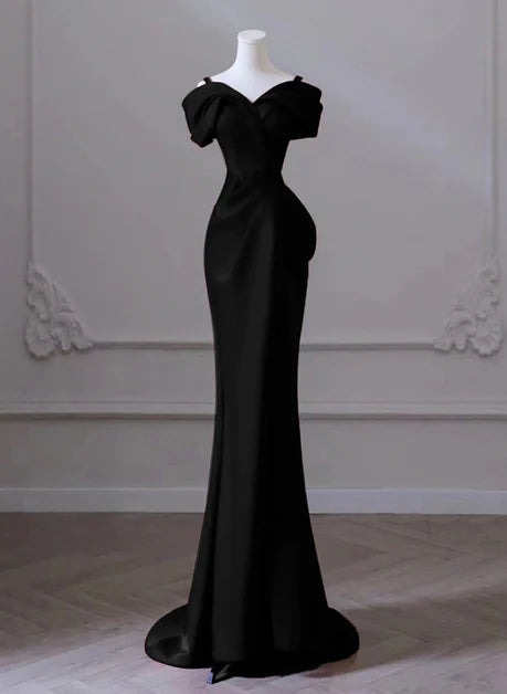 Simple black satin sweetheart shoulder strap off shoulder long formal dress, black mermaid off back and floor long evening dress