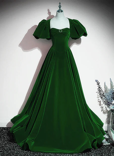 Elegant dark green beaded sequin suede ball dress, dark green princess short sleeved velvet backless long evening dress