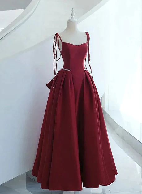 Wine red satin A-line/princess shoulder strap long party dress, wine red sleeveless backless bow pearl belt and floor/long evening dress