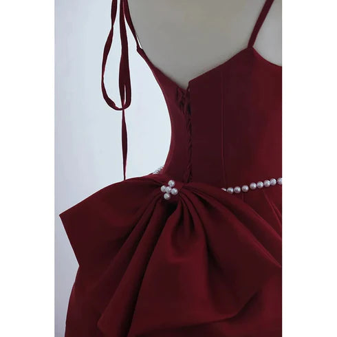 Wine red satin A-line/princess shoulder strap long party dress, wine red sleeveless backless bow pearl belt and floor/long evening dress