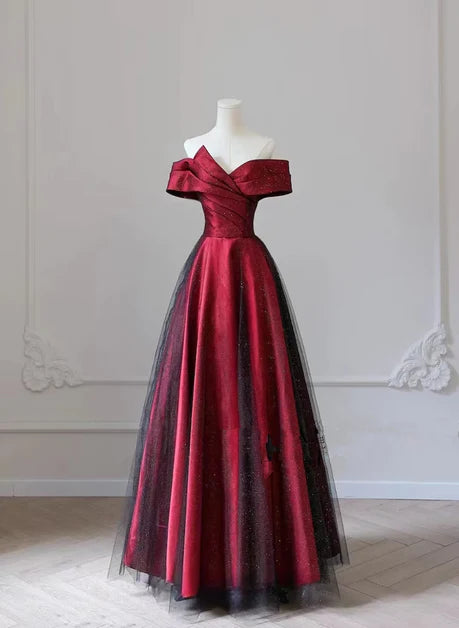 Red and Black A-line Satin/Princess Off Shoulder Sleeveless Off Back and Floor Length/Long Evening Dress