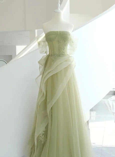 Light green sheer paired with beaded A-line ball dress, light green lace off shoulder long evening dress