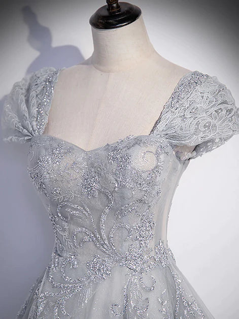 Elegant grey beaded sequin A-line sheer short sleeved long dress, grey sheer lace and floor to ceiling evening dress