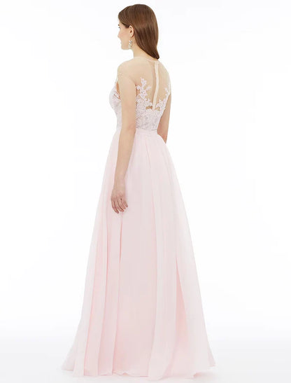 A-Line Bridesmaid Dress Illusion Neck Sleeveless Illusion Detail Floor Length Chiffon / Floral Lace with Sash / Ribbon / Appliques