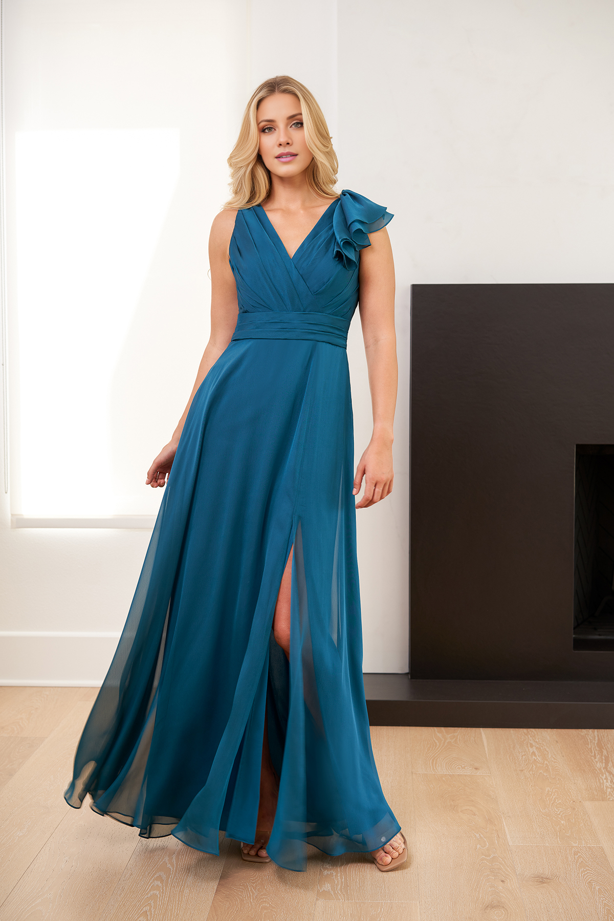 A-line chiffon pleated garment with ruffled sleeves and floor length for mother of bride dress