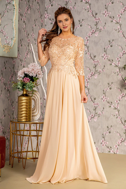 Sequin embroidery 3/4 sleeve chiffon long night dress