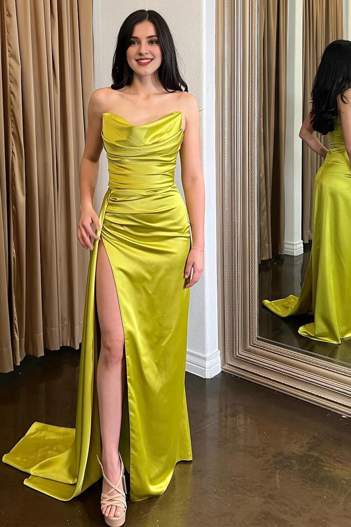 Strapless sage green slit and ground length gown evening dresses