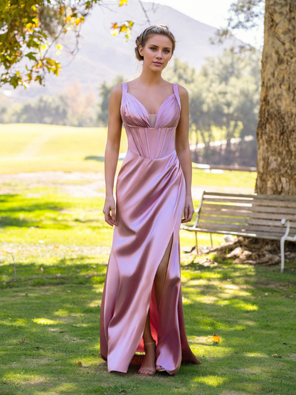 V-neck sleeveless backless satin floor-length evening gown