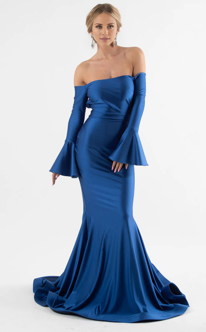 Mermaid off shoulder collar flared sleeves and floor length evening gown