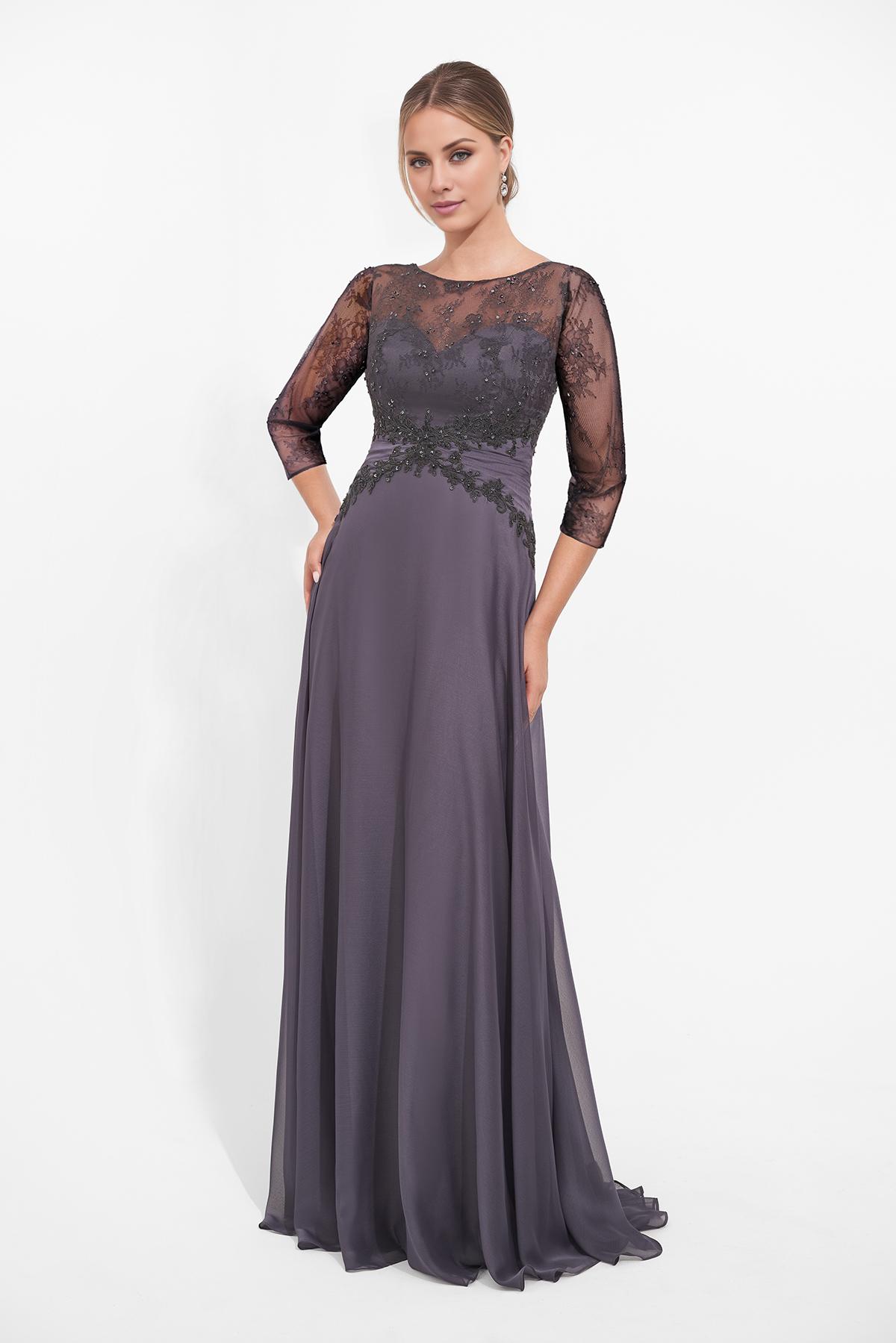 A-line chiffon lace long sleeved bead pleated and floor length mother of bride dress