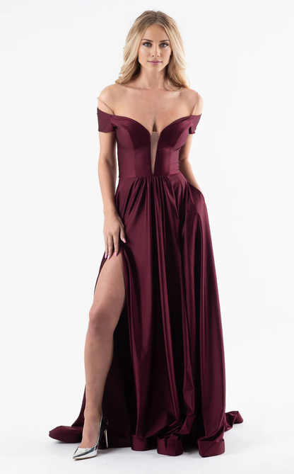 A-line off shoulder deep V-neck satin side slit and floor length evening gown