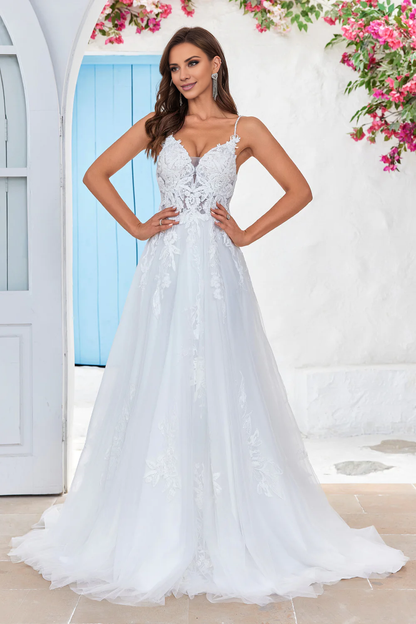 A-line chiffon cross shoulder strap back wedding dress