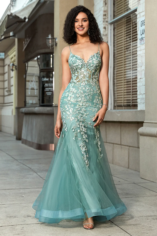 Light green mermaid lace up back sheer long ball gown