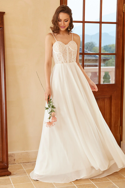 Beautiful A-line thin shoulder strap and floor length wedding dress