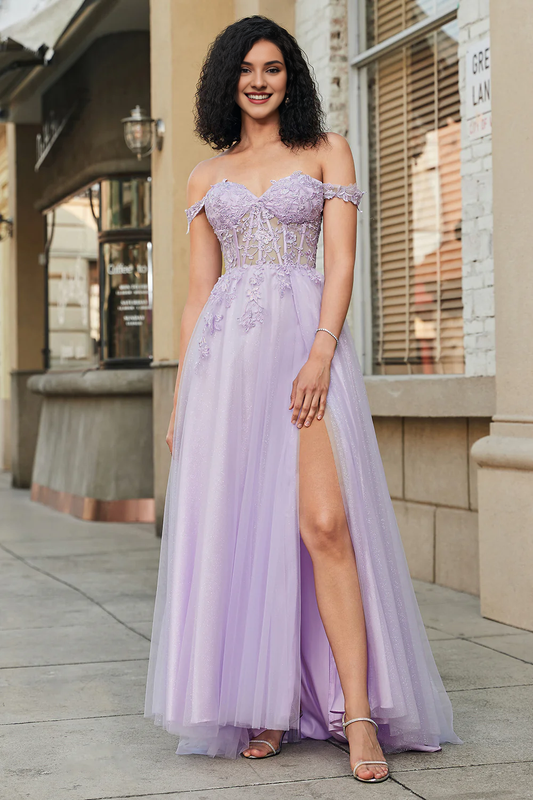 Purple A-line off shoulder lace sheer tight corset party dress