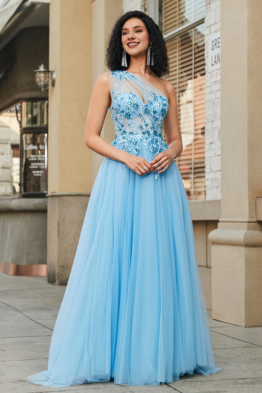 A-line one shoulder sequin light blue decal long ball gown