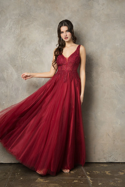 Embroidered plaid applique long sleeveless chiffon evening dress