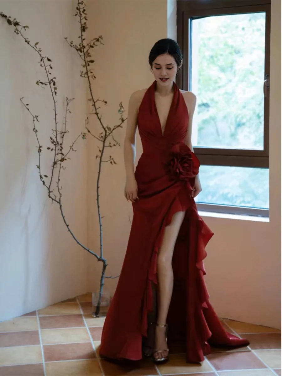 Hanging neck wine red slit fish tail long gown evening dresses