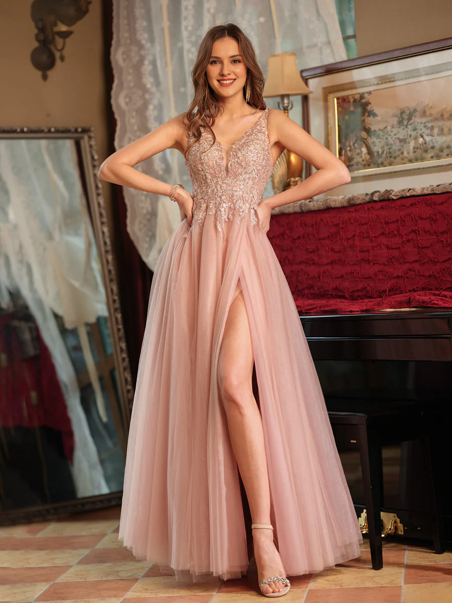 A-line/princess V-neck chiffon slit side decal and floor length evening gown