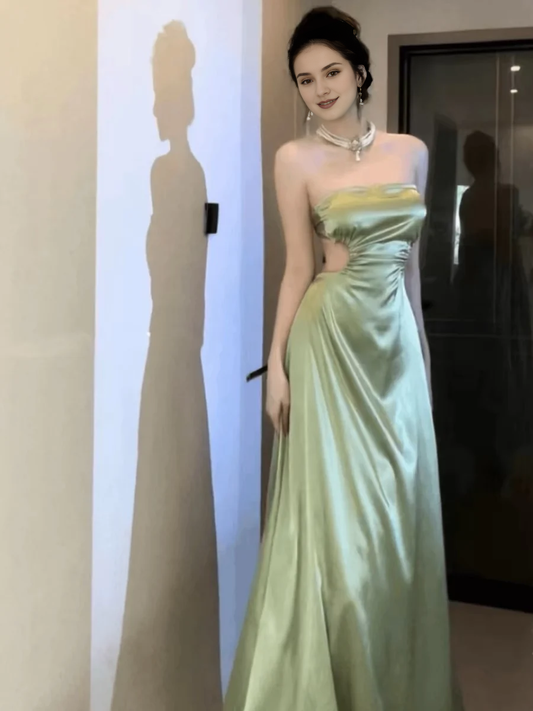 Strapless A-line green satin long gown evening dresses