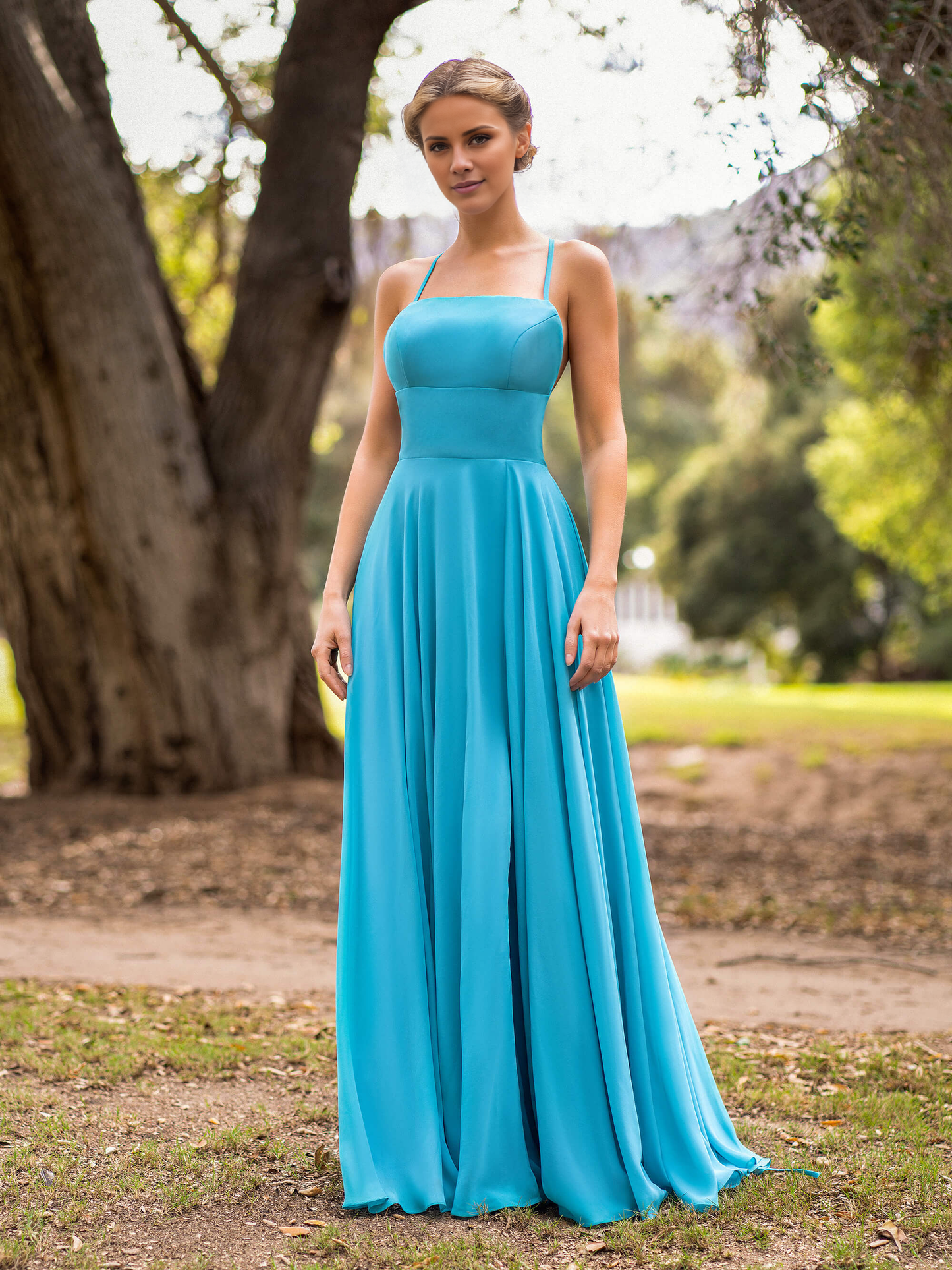 A-line straight chiffon floor-length cutout back floor-length evening gown