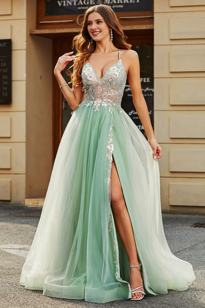 Light green A-line V-neck and floor length slit beaded chiffon ball dress