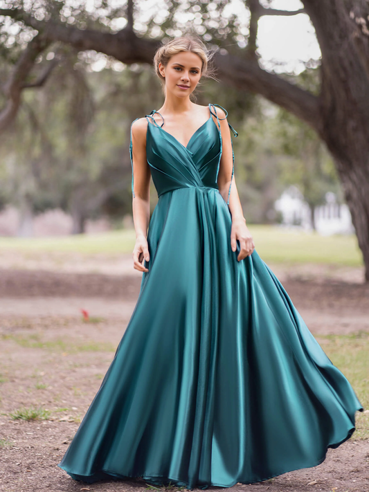 A-line V-neck spaghetti strap satin floor-length evening gown