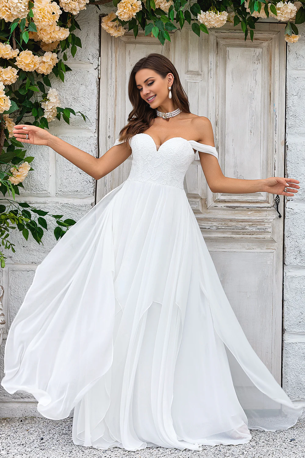 A-line lace shoulder sweeping trailing chiffon wedding dress