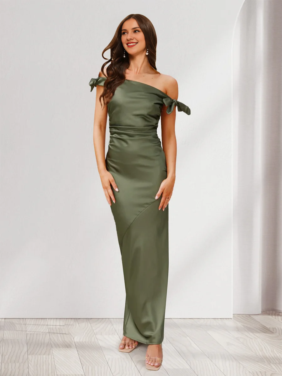 Tight fitting/column off shoulder sleeveless pleated and floor length godons even dresses