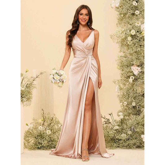 Sheath/Column V-Neck Long Formal Dresses With Split Side