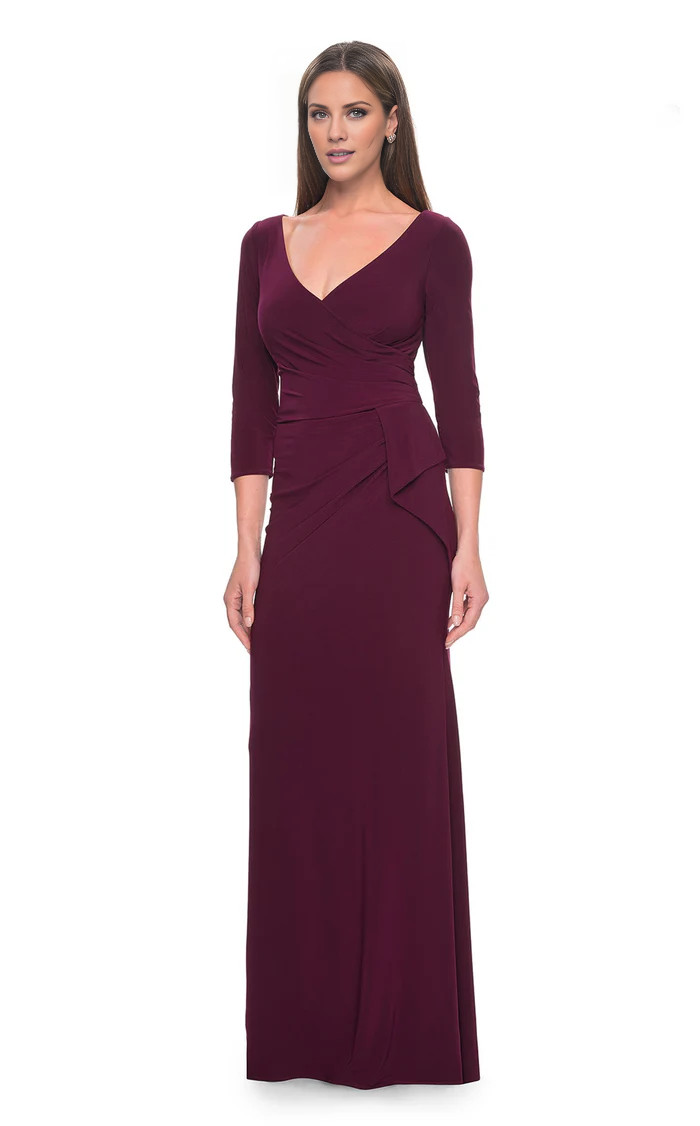 V-neck long sleeves 3/4 sleeves floor-length evening dress