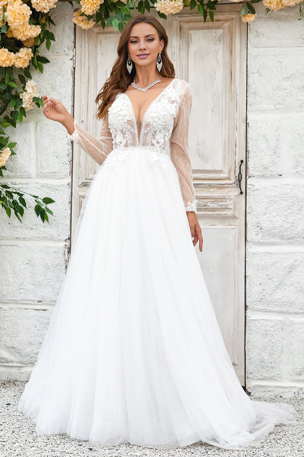 A-line deep V-neck swept trailing chiffon long sleeved wedding dress