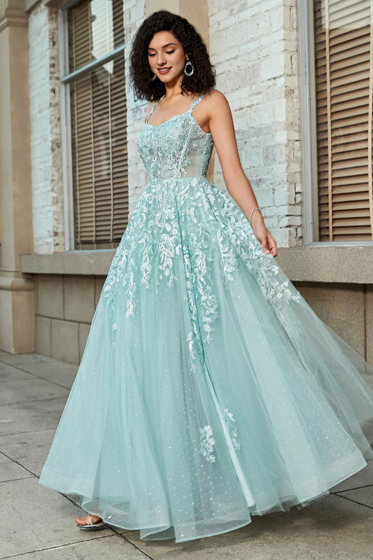 Mint A-line sequin front slit chiffon lace ball dress