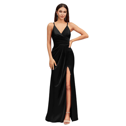 Sexy Spaghetti Straps V-Neck Long Silky Soft Satin Bridesmaid Dresses With Slit