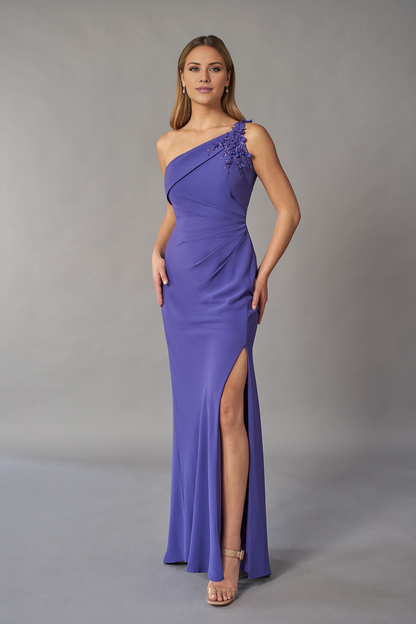 One shoulder beaded crepe fitted horn and floor length mother of bride dress