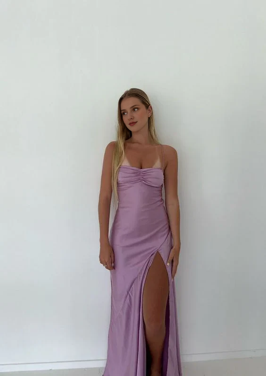 Purple fishtail long party dress with slits godons even dresses